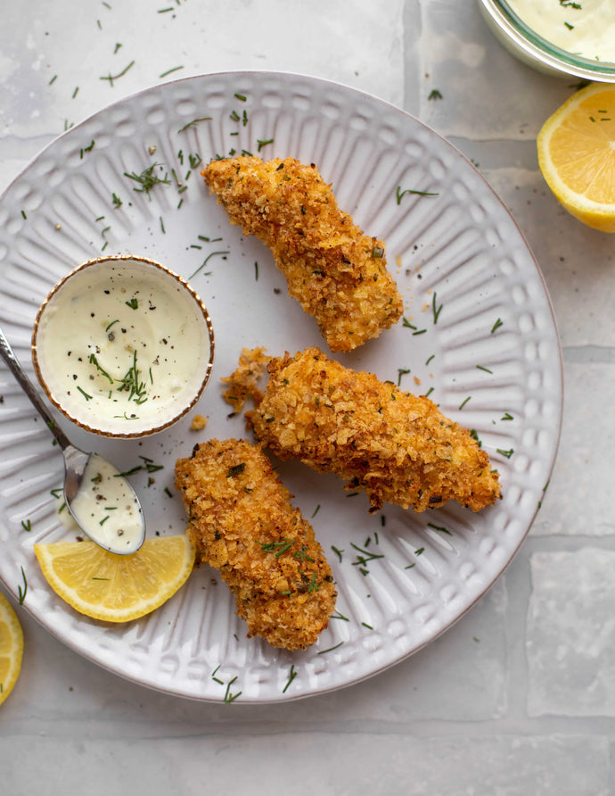 Lemon Garlic Fish Sticks with Jalapeo Tartar Sauce.
