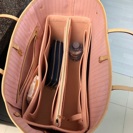 Neverfull (Rose Ballerine) GM MM PM Organizer (w/ Detachable Zipper Bag), Tote Felt Purse Insert, Makeup Gold Golden Zip Laptop iPad Pocket by JennyKrafts