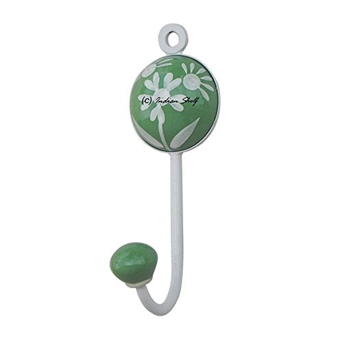 Indianshelf Handmade 1 Artistic Vintage Green Ceramic Flower Clothes Hooks Holders/Towel Hooks for Bathrooms