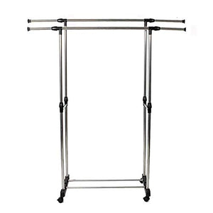 WAJJ Rolling Clothes Rack Adjustable Double Rail Garment Rack,Dual-bar Vertically & Horizontally-Stretching Stand Clothes Rack with Shoe Shelf Silver