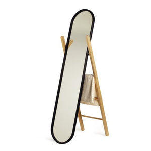 Umbra Hub Floor Length Mirror with Storage Rack, Modern Black Rubber Rim and Solid Wood Storage Ladder, Black/Natural Finish