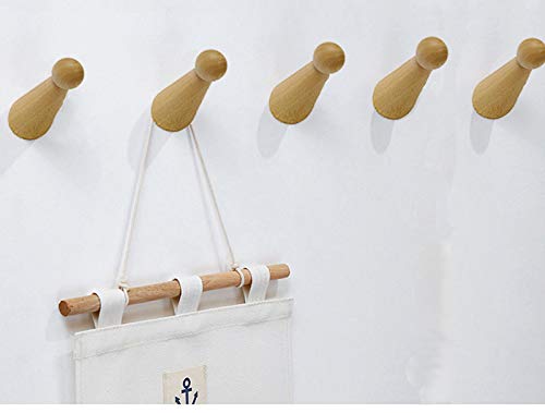 REMEE Wall Mounted Wooden Coat Hooks Vintage Handmade Craft Racks for Hanging Hat Scarf Towel Key/Organizing Cups Mugs,Beech Wood Organizer Hanger,Pack of 5(Style 2)