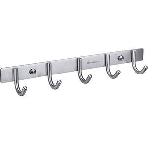 HOMEIDEAS Coat Hook Rack Wall Mounted 13-Inch SUS304 Stainless Steel Brushed Nickel Hook Rail with 5 Heavy Duty Hooks