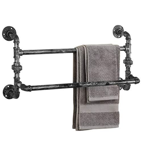 MyGift Industrial Double Metal Pipe Wall-Mounted Towel Bar Rack