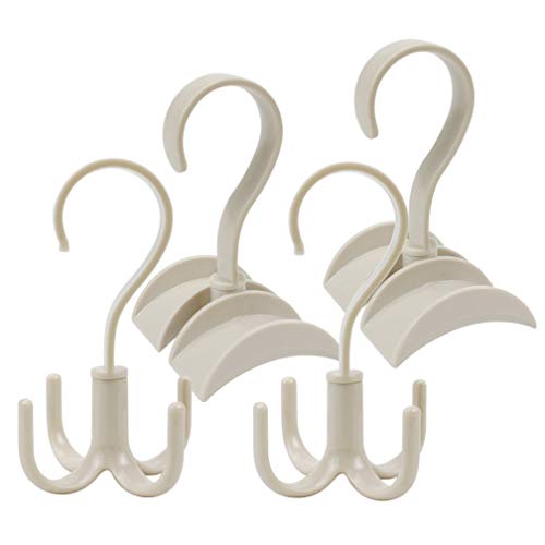 Meetory 4 Pack 360 Degree Closet Hanging Organizer Storage Rotating Tie Rack Hanger Wardrobes Scarf Hooks Plastic Belt Holder (Cream-Coloured)