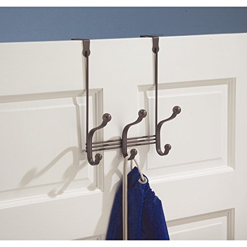 iDesign York Metal Over the Door Organizer, 3-Hook Rack for Coats, Hats, Robes, Towels, Bedroom, Closet, and Bathroom, 8.38