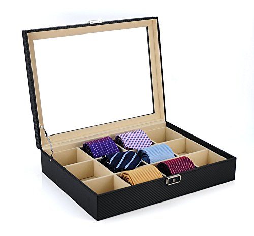 TimelyBuys Tie Display Case for 12 Ties, Belts, and Men's Accessories Black Carbon Fiber Storage Box