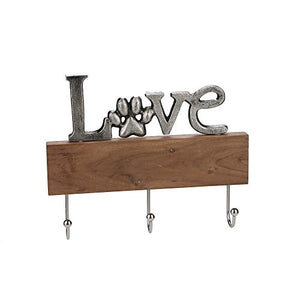 Mind Reader LOVEHR3-SIL Wall Mount 'Love Rack Organizer for Entryway and Kitchen-3 Hook Key Holder, Iron and Wood, Silver/Brown