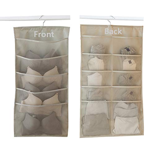 Hanging Closet-Dual-Sided Accessories Organizer, Pockets Hanging Socks Ties Underwear Organizer with Hanger 30 Pockets (Beige(5+10))