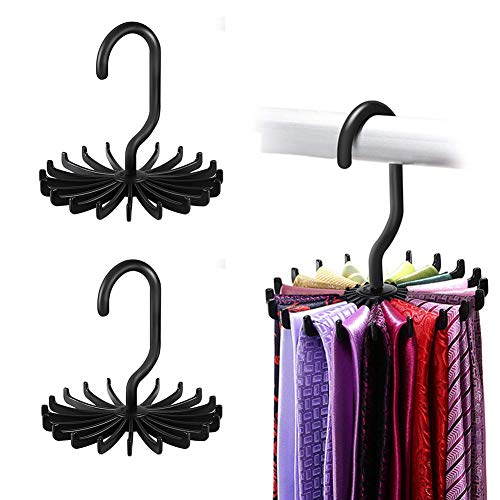 Tie Rack Hanger Organizer - 360 Degree Adjustable Twirl Tie Rack Blet Hanger Scarf Holder Hook for Closet Storage Organizer - 2 Pack, 20 Hooks (Black)
