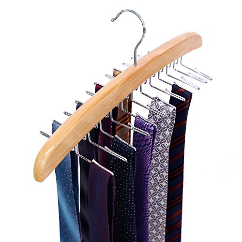 Ohuhu Wooden Tie Rack Hangers Rotating Twirl 24 Tie Organizer Rack Hanger Holder Hook
