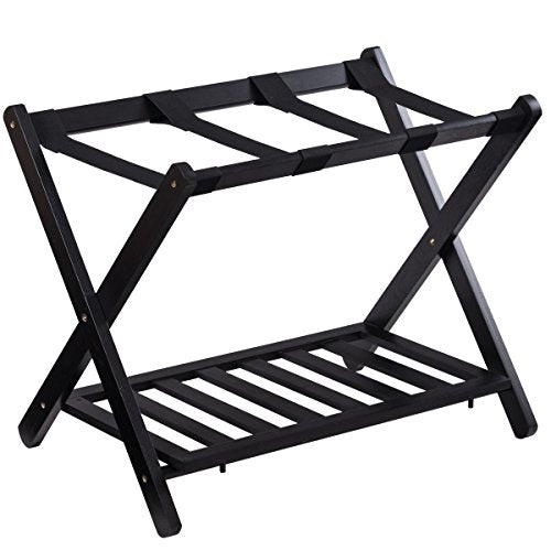Allblessings Folding Wood Luggage Rack w/Shelf Travel Suitcase Shoe Storage Holder Free Standing