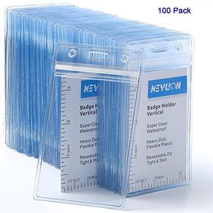 KEYLION 100 Pack ID Card Name Badge Holder, Heavy Duty Clear Transparent Plastic PVC Vertical Sleeve Pouch with Waterproof Type Resealable Zip