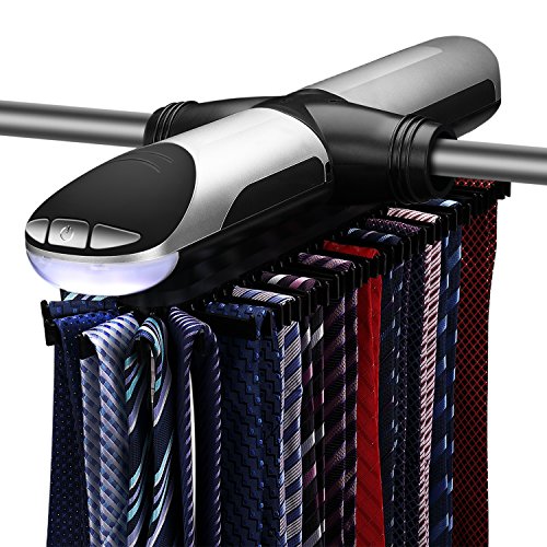 Flexzion Motorized Tie Rack - Electronic Rotating Automatic Necktie Tie Organizer Holder Stores Storage Displays Hanger Closet System For Men (72 Tie & 8 Belts) with Illuminate LED Lights