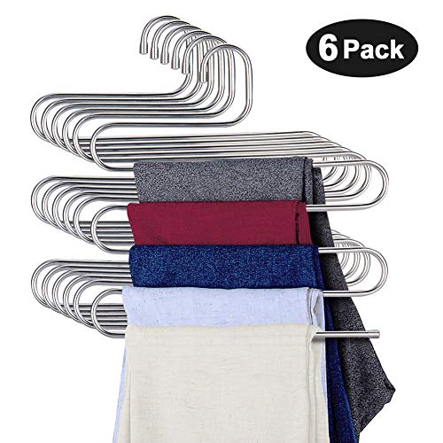Eityilla S Type Clothes Pants Hangers Stainless Steel Space Saving Hangers 5 Layers Closet Storage Organizer for Jeans Trousers Tie Belt Scarf (6-Pieces)