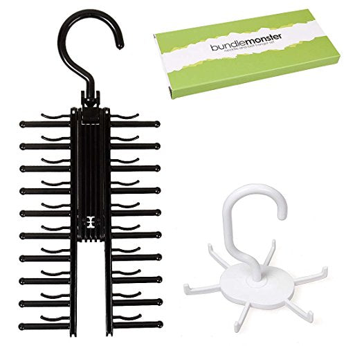 Bundle Monster 2 pc Black White Closet Organizer Rotating Necktie and Belt Hanger Set