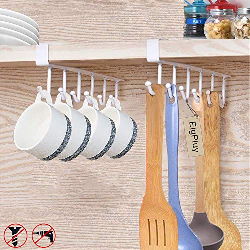 EigPluy 2pcs Mug Hooks Under Shelf Mug Holder Cups Storage Rack Drilling Free Coffee Cups Holder Kitchen Utensil Holder Key Hooks Ties Belts Scarf Hanging Hooks Rack,Fit for The Cabinet 0.8