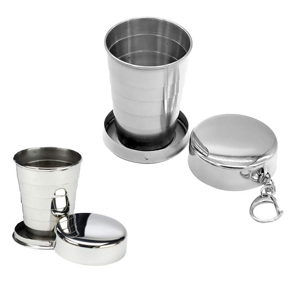2 PACK- (140ml) - Telescopic Collapsible Stainless Steel Pocket Cup With Key Chain Folding Cups for Outdoor Travel Camping Picnic Backpacking Hiking