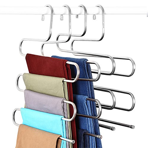 ELOVER Pants Hangers [4 Pack] S-Type Stainless Steel Multi Layers Jeans Hangers, Multi-Purpose Closet Storage Organizer for Pants Jeans Tie Scarf Towel Clothes, Space Saving Storage Rack