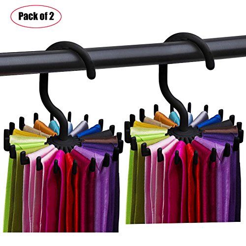 Tie Belt Rack Organizer,Pack of 2 Rotating Ties Scarf Belt Hanger Adjustable Twirling Tie Rack Holder with 20 Hooks for Closet Storage (Black)