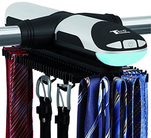 Tech Tools Motorized Revolving Tie and Belt Rack with Built in LED Light - Automatic Tie Rack Rotates Forwards & Backwards - Holds 72 Ties and 8 Belts - Bottom Hooks for Belts & Other Accessories