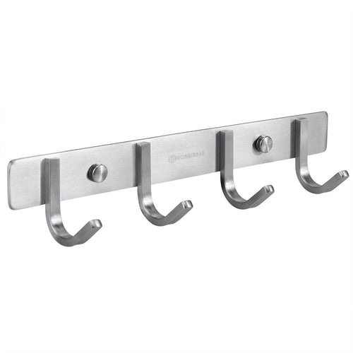 HOMEIDEAS Heavy Duty Coat Bath Towel Hook Hanger Rail Bar with 4 Hooks, for Bedroom, Bathroom, Foyers, Hallways, Entryway, Great Home Office Storage & Organization, SUS 304,11-Inch Brushed Finish