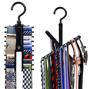 TAIKA 2pcs Tie Rack Hanger, Cross Tie Hanger, Black 20 Tie Belt Rack Organizer Hanger Non-Slip Clips 360-degree Rotation