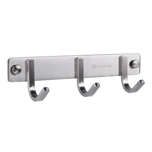 HOMEIDEAS 8-Inch Coat Hook Rail SUS304 Stainless Steel Coat Wall Mounted Bath Towel Hook Hanger with 3 Hooks,Brushed Finish
