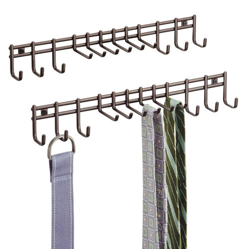 mDesign Closet Wall Mount Metal Accessory Organizer and Storage Center - Modern Slim Holder for Womens and Mens Ties, Belts, Scarves, Sunglasses, Watches - Hardware Included- 12 Hooks, 2 Pack, Bronze