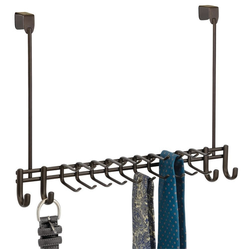mDesign Metal Over Door Hanging Closet Storage Organizer Rack for Bedroom, Closet, Bath - Holds Men's/Women's Ties, Belts, Slim Scarves, Jewelry, Accessories - 4 Large Hooks, 20 Small Hooks - Bronze