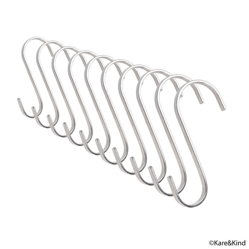 Flat S-Shaped Hanging Hooks - For Kitchen Utensils, Garage or Garden Tools, etc. - Heavy Duty Genuine Solid 304 Stainless Steel - Multi Purpose - This Kit Contains 10 Medium Hooks