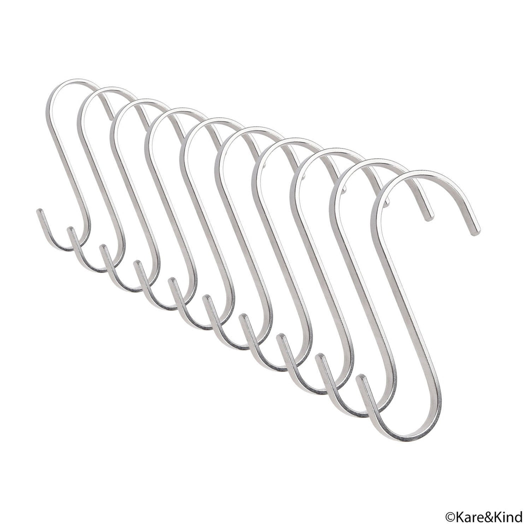 Flat S-Shaped Hanging Hooks - For Kitchen Utensils, Garage or Garden Tools, etc. - Heavy Duty Genuine Solid 304 Stainless Steel - Multi Purpose - This Kit Contains 10 Medium Hooks