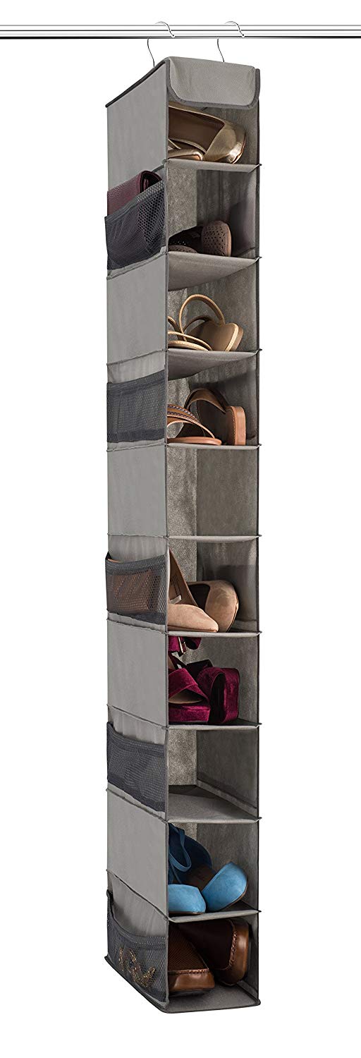 Zober 10-Shelf Hanging Shoe Organizer, Shoe Holder for Closet - 10 Mesh Pockets for Accessories - Breathable Polypropylene, Gray - 5 x 11.5 inch x 52 inch