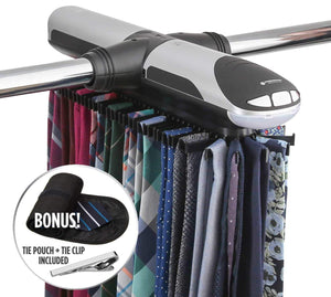 StorageMaid Motorized Tie Rack Organizer for Closet with LED Lights - Battery Operated - Holds 72 Ties and 8 Belts - Includes J Hooks for Wire Shelving - Bonus Tie Travel Pouch & Tie Clip