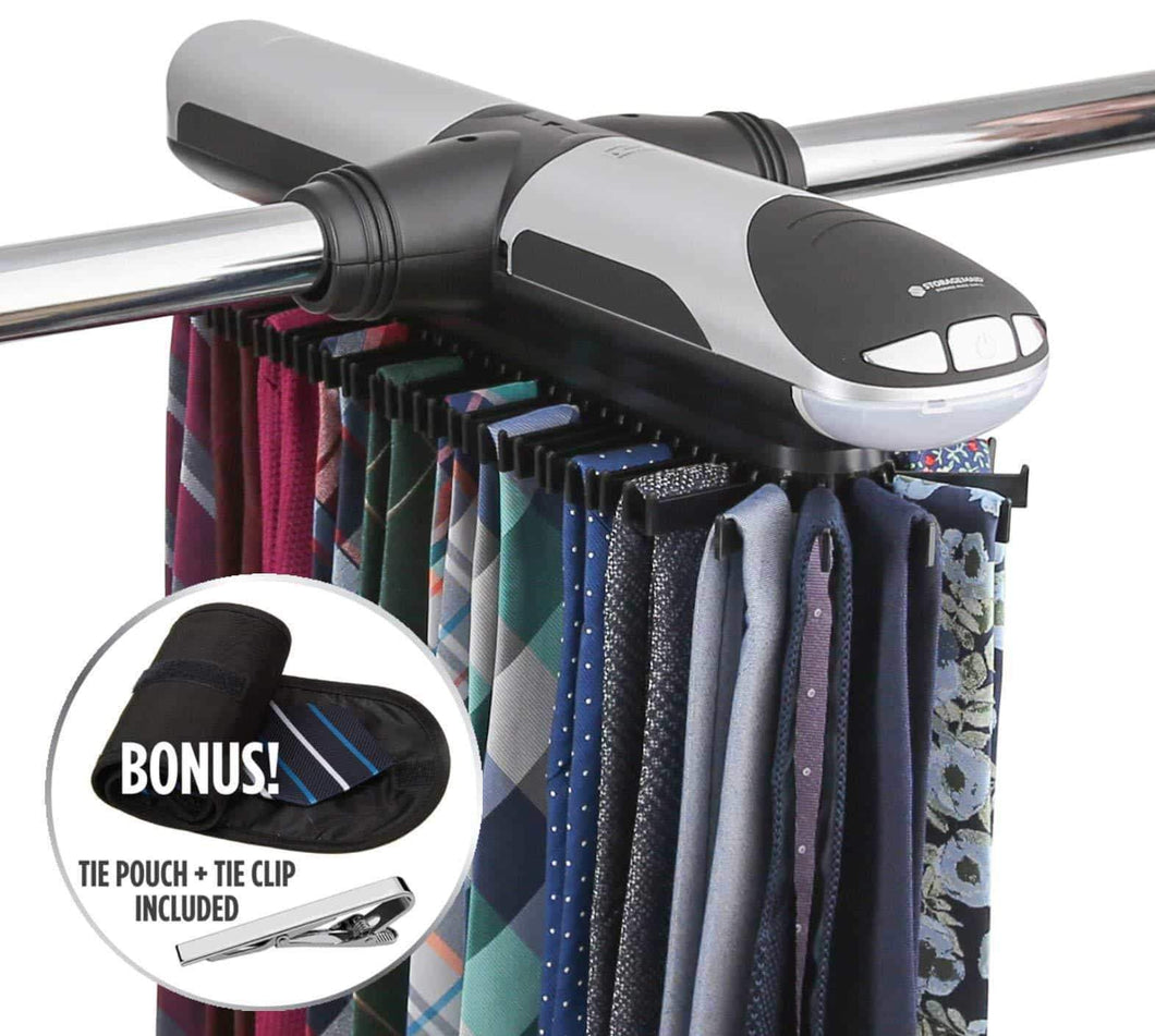 StorageMaid Motorized Tie Rack Organizer for Closet with LED Lights - Battery Operated - Holds 72 Ties and 8 Belts - Includes J Hooks for Wire Shelving - Bonus Tie Travel Pouch & Tie Clip