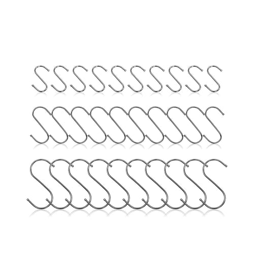 30 Pack Stainless Steel S Hooks, Small, Medium, Large, Utility Hooks for Hanging Pots, Pans, Mugs, Clothing, Tools, Planters, Flower Baskets, Wind Chimes, Bird Feeders and More!