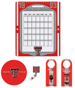 Texas Tech Red Raiders Dorm Pack of Two Sided Door Hanger, 16” x 20” Peel And Stick Calendar, Peel and stick Mouse Pad, and Retractable Badge Holder