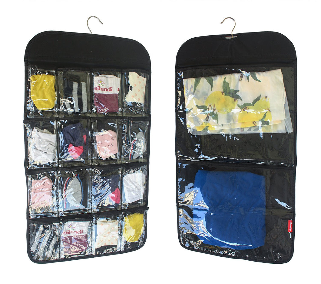 Honla Dual Sided Hanging Closet Organizer with 18 Clear Vinyl Storage Pockets,Rotating Metal Hanger,Space Saving Holder Solution Ideas for Stockings,Socks,Underwear,Jewelry Organization,Black